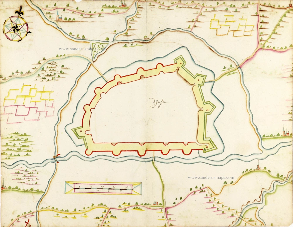 Manuscript plan of Deinze, a fortified city in Flanders.