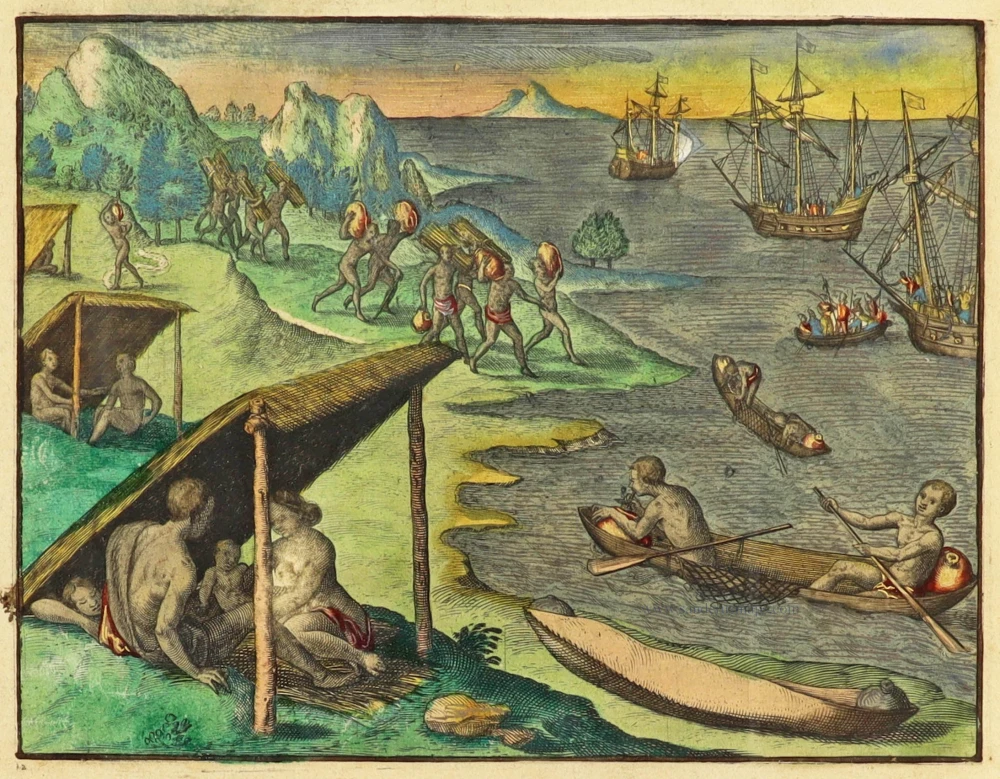 How Thomas Cavendish came to an island where the Indians gave him wood and fresh water. Great Voyages, De Bry,