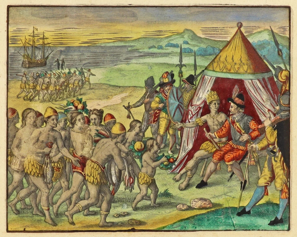 How Raleigh established friendly relations with the King of Arromaia. Great Voyages, De Bry, 