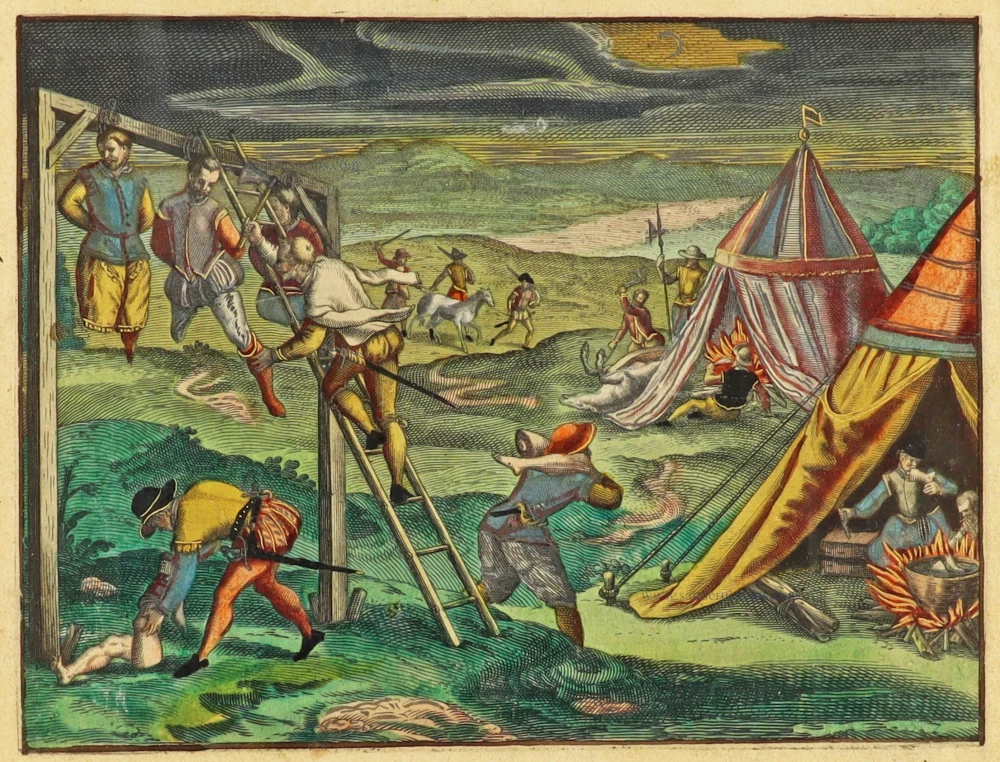 Pedro de Mendoza administers justice in the case of three thieves. Great Voyages, De Bry, 
