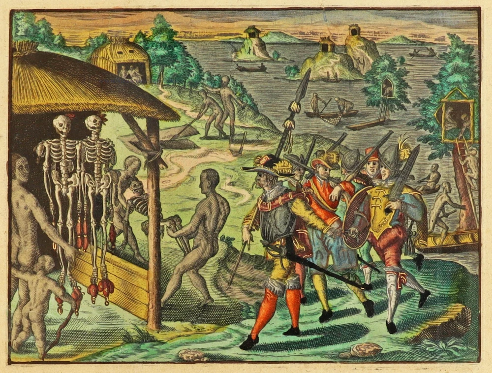 How some peoples live in trees or high cliffs during the winter, with remarks on the ceremonies they hold for their dead. Great Voyages, De Bry, 