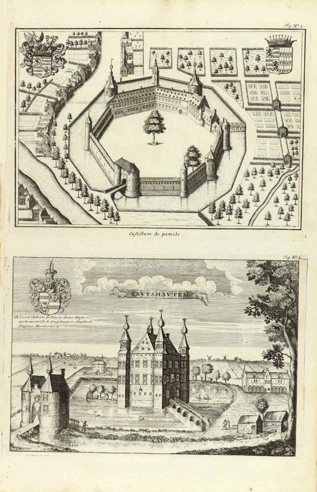 Two views of the castles of Pamele (Oudenaarde) and Kruishoutem by Antonius Sanderus.