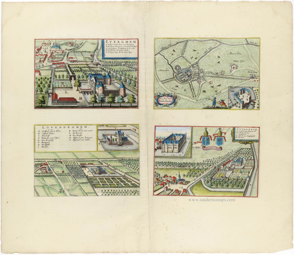 Four Flemish village views on one sheet: Evergem, Lovendegem, Vinderhoute, and Zwijnaarde by A. Sanderus, published by Joan Blaeu.