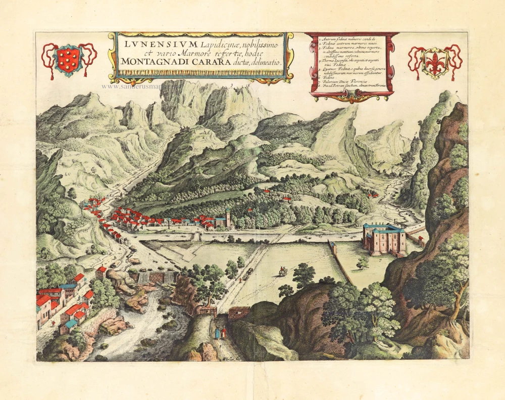 Lunensium Lapidicinae, nobilissimo et vario Marmore refertae, hodie Montagnadi Carara dictae, delineatio.