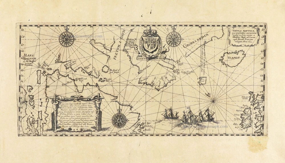 Tabula Nautica, qua repraesentantur orae maritimae, meatus, ac freta, noviter a H. Hudsono Anglo ad Caurum supra Novam Franciam indagata Anno 1612.