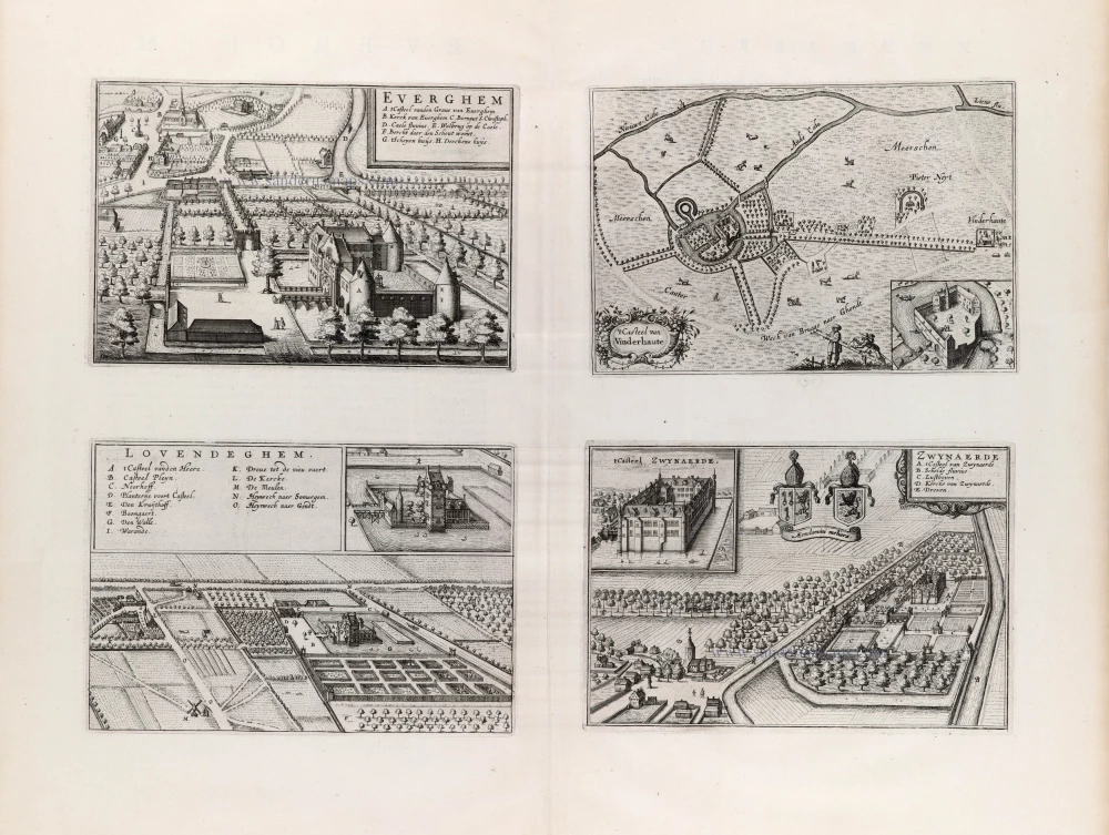 Four Flemish village views on one sheet: Evergem, Lovendegem, Vinderhoute, and Zwijnaarde by A. Sanderus, published by Joan Blaeu.