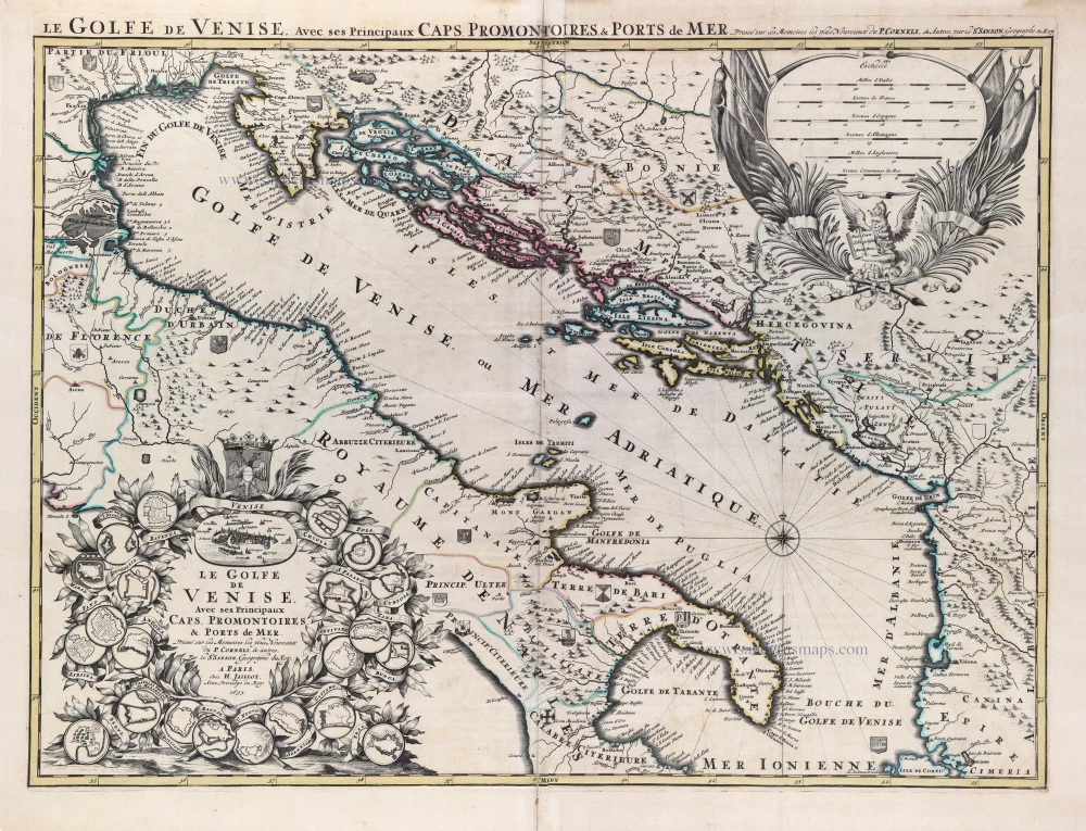 Adriatic Sea, cartouche with a bird's-eye view of Venice and 22 plans of fortified cities, by N. Sanson after Vincenzo Coronelli. So-called published by Hubert Jaillot. (Pirated edition by Pierre Mortier).