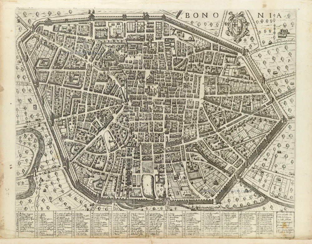 Bird's-eye view plan of Bologna by Claudio Duchetti, after Agostino Carracci.