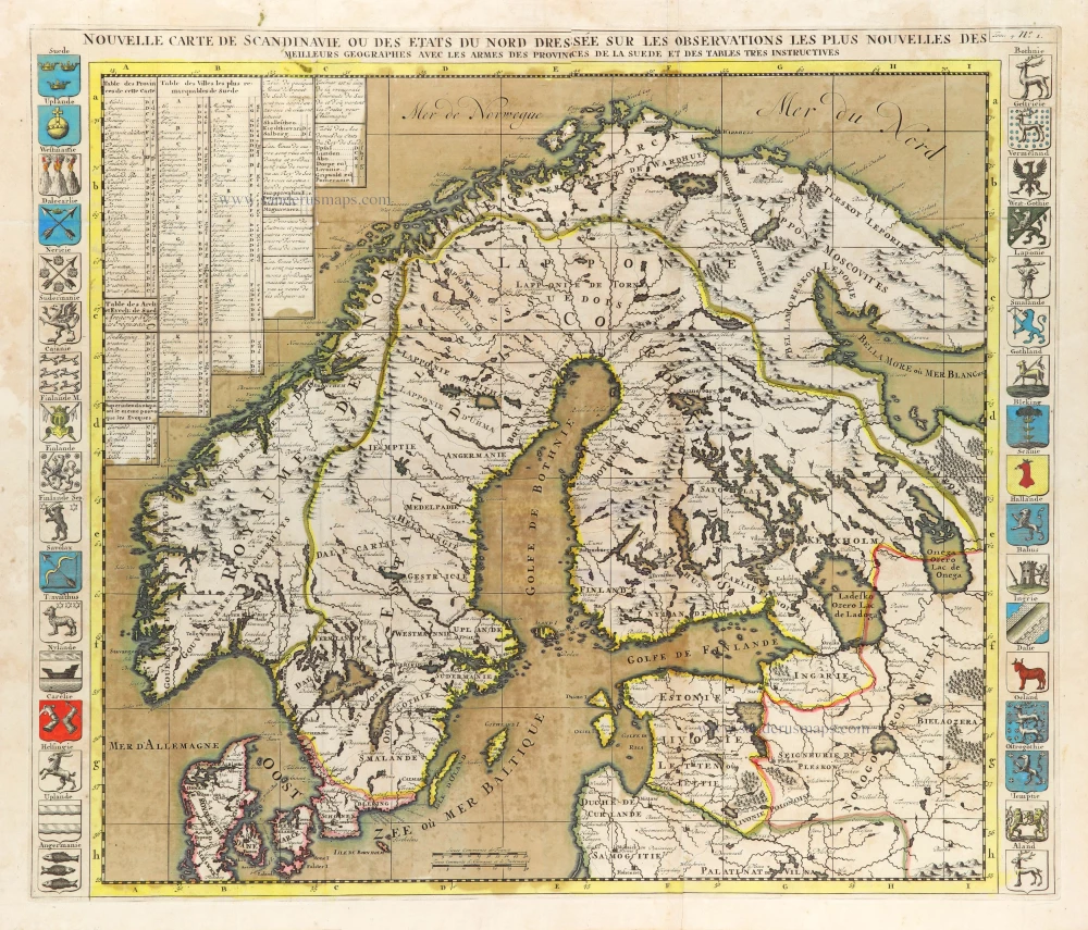 Nouvelle Carte de Scandinavie ou des Etats du Nord Dressée sur les observations les plus nouvelles des meilleurs Géographes avec les Armes des Provinces de la Suède et des Tables tres instructives.