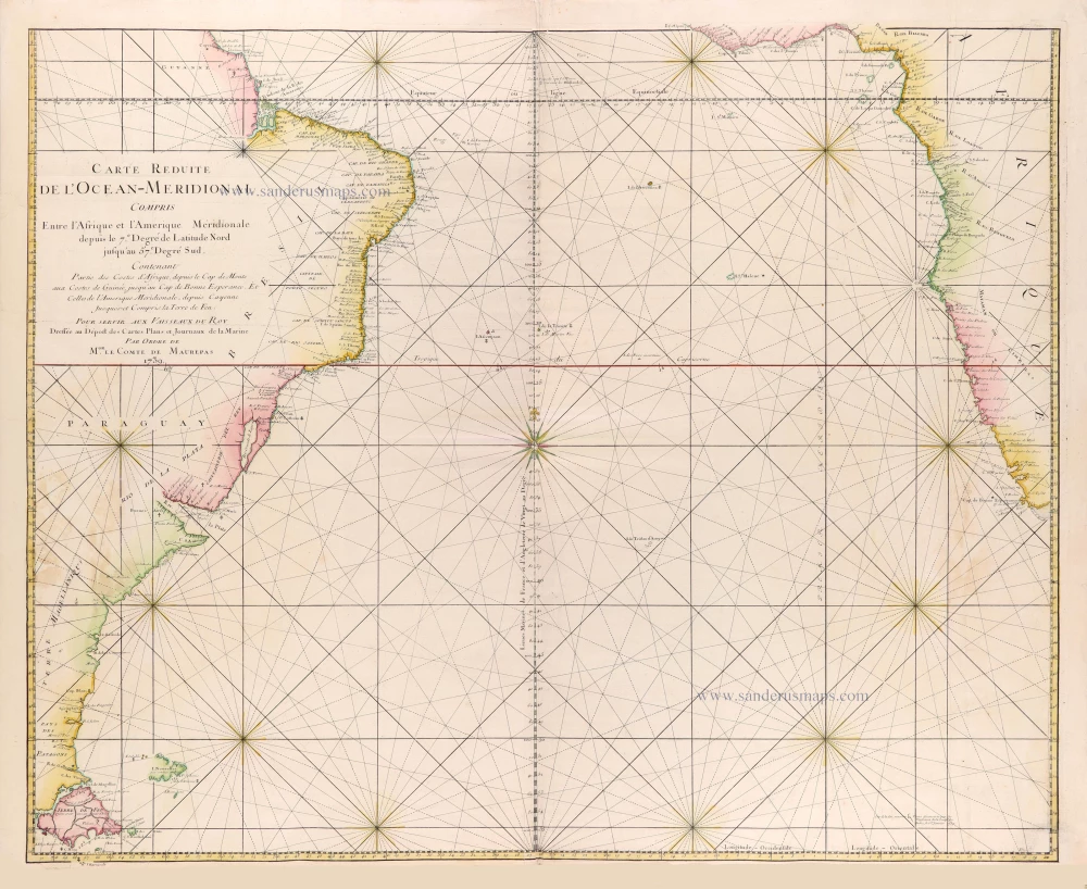 Carte réduite de l'Océan-méridional, compris entre l'Afrique et l'Amérique méridionale depuis le 7° degré de latitude Nord jusqu'au 57° degré Sud, contenant partie des costes d'Afrique depuis le cap de Monte... jusqu'au cap de Bonne Espérance et celles de l'Amérique méridionale depuis Cayenne jusques- et compris la Terre de Feu.