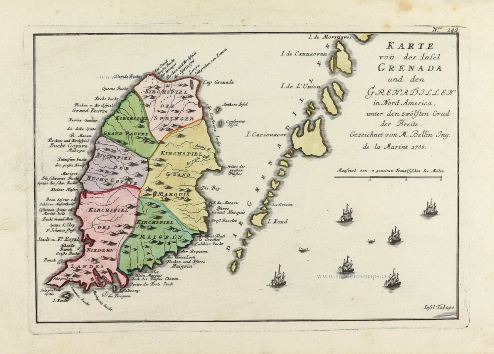 Karte von der Insel Grenada und den Grenadillen in Nord America, unter den zwölften Grad der Breite.