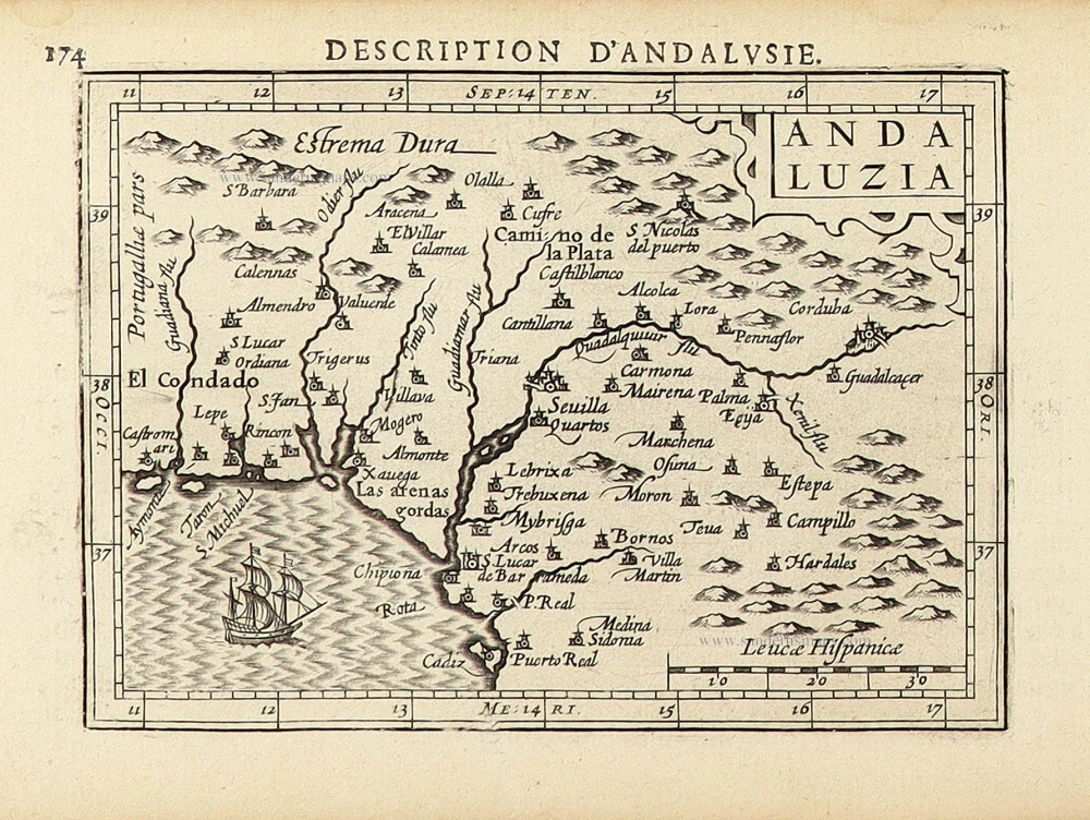 Andalucia by Petrus Bertius, published by Jodocus Hondius II.