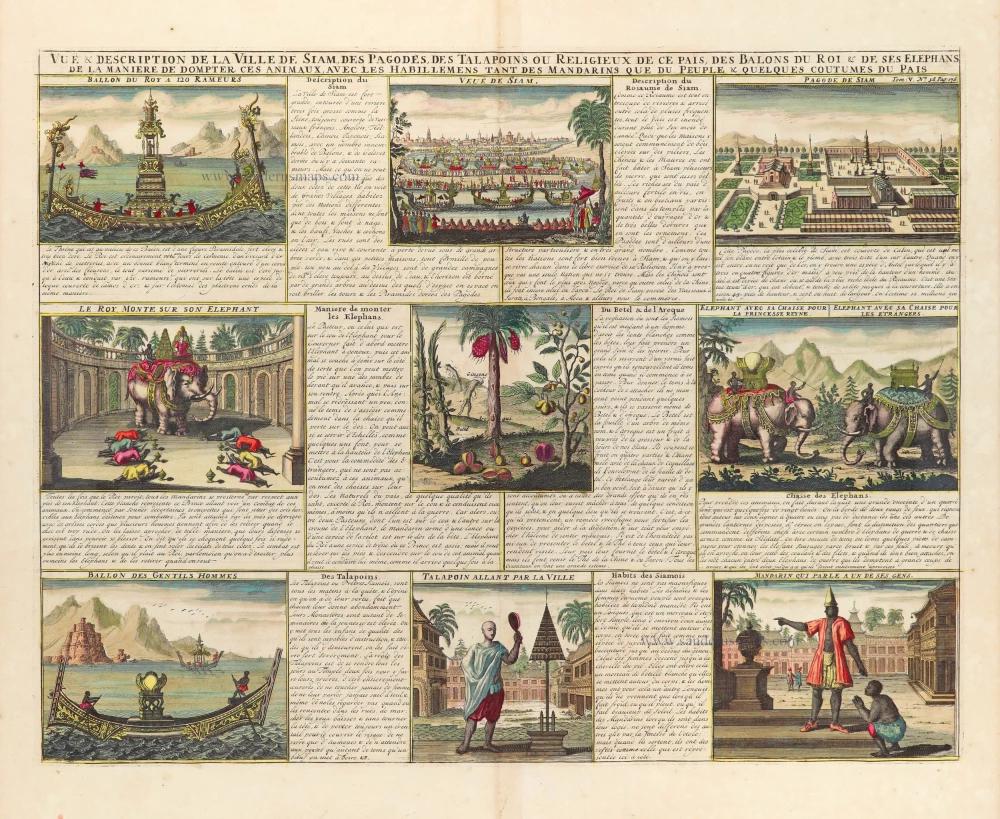 Vue & Description de la ville de Siam, des Pagodes, des Talapoins ou Religeux de ce Pais, des Balons du Roi & de ses Elephans, de la maniere de dompter ces animaux, avec les habillemens tant des Mandarins que du Peuple & quelques coutumes du Pais.