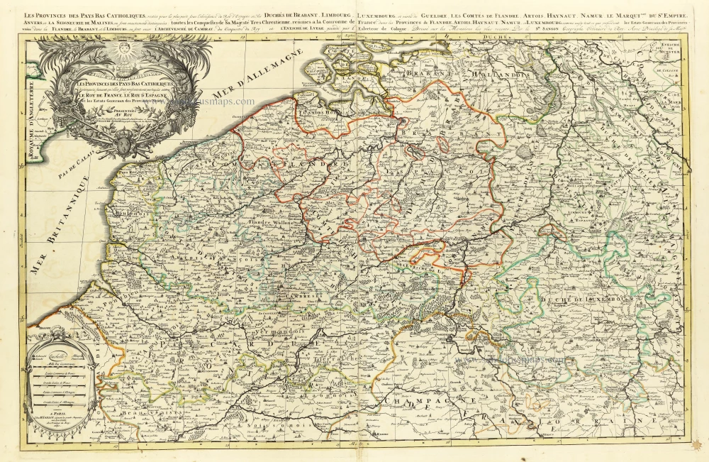 Les provinces des Pays Bas Catholiques distinguées suivant qu'elles sont présentement partagées entre le Roy de France, le Roy d'Espagne et les Estats Genereaux des Provinces-Unies.