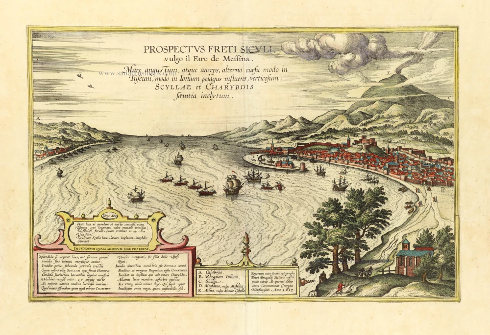 The Strait of Messina, by Georg Braun & Frans Hogenberg, after a drawing by Pieter Brueghel, adapted by Georg Hoefnagel, published by J. Janssonius.