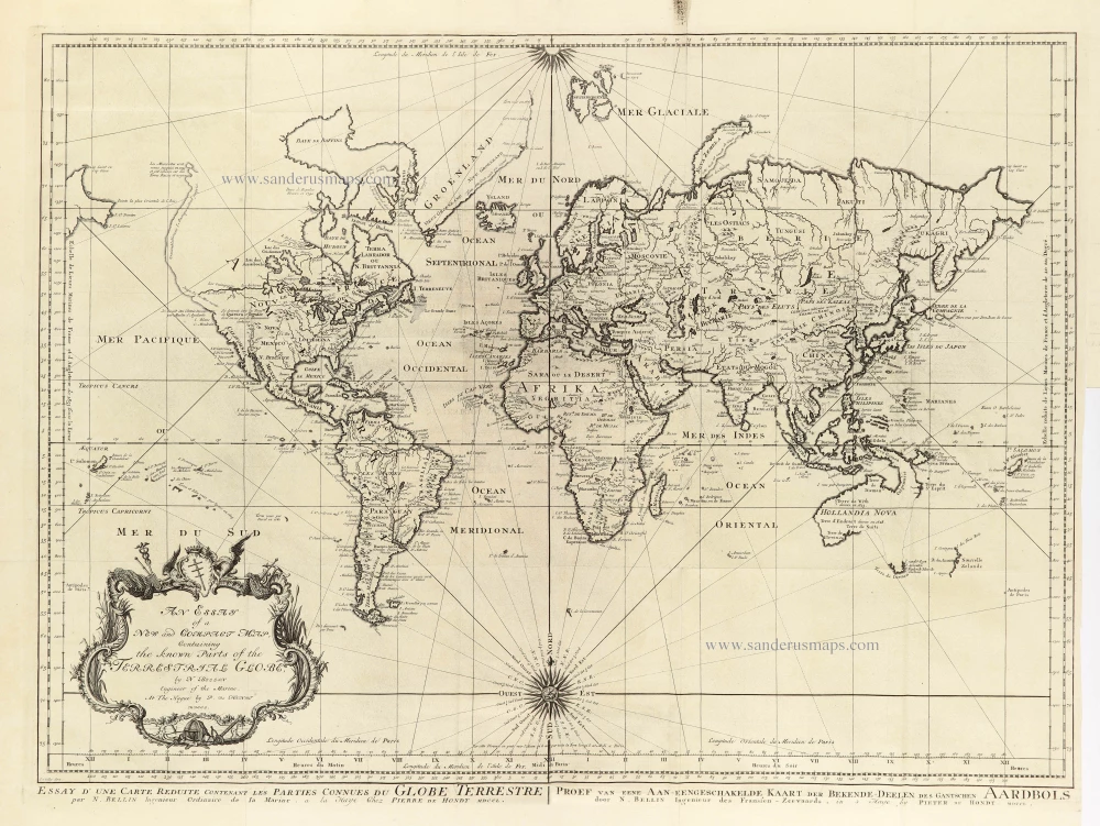 World map by Jacques-Nicolas Bellin, published by A.F. Prévost.