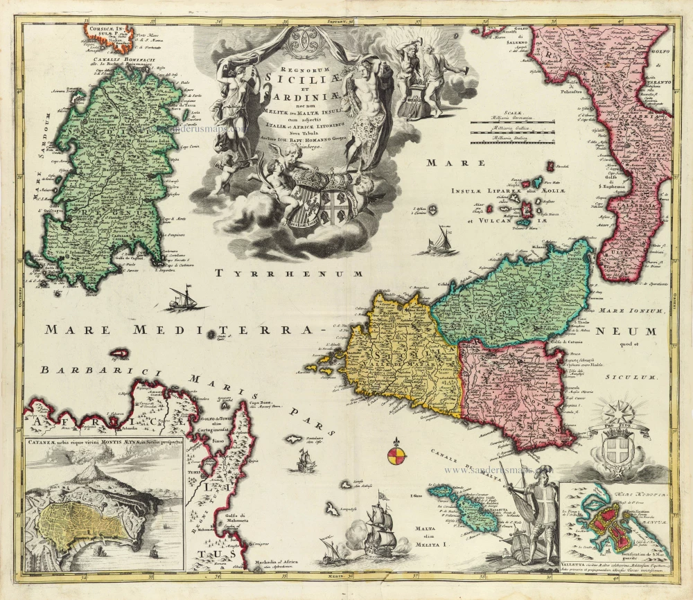 Sicily - Sardinia, by J.B. Homann.