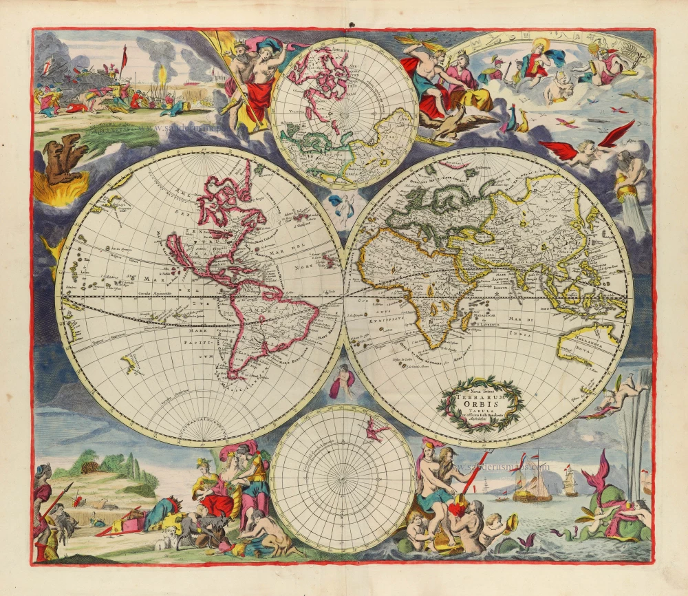 Double hemisphere world map by Justus Danckerts 