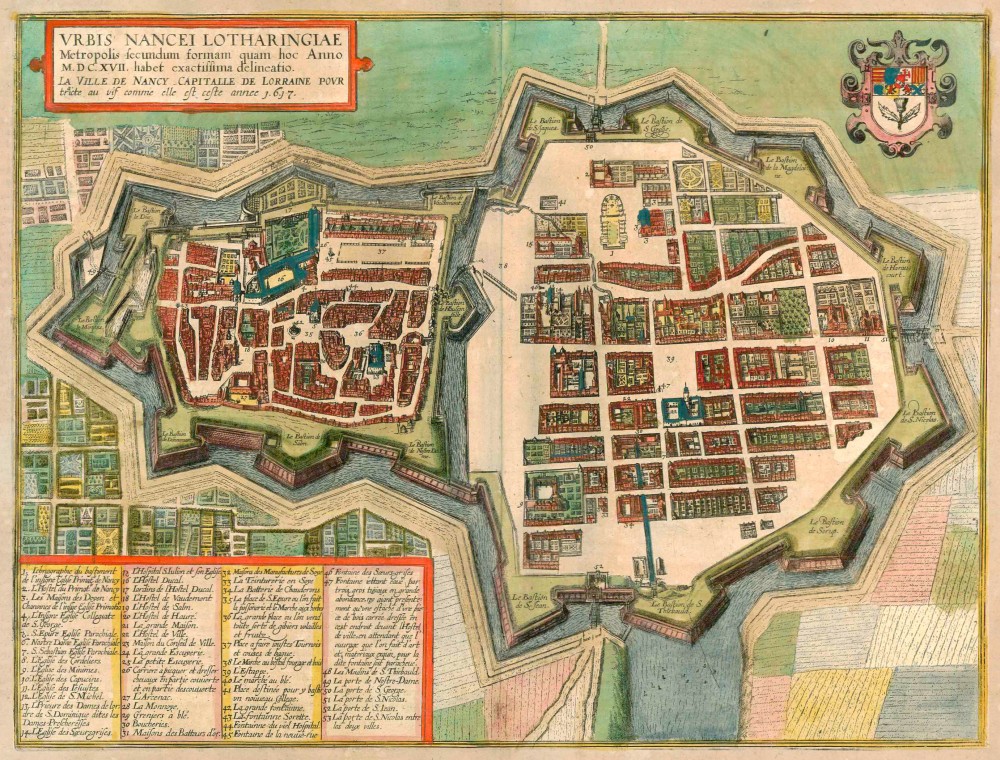 Urbis Nancei Lotharingiae Metropolis secundum formam quam hoc Anno M.DC.XVII. habet exactissima delineatio. - La Ville de Nancy Caiptalle de Lorraine pour traicte au vif comme elles est ceste annee 1617.
