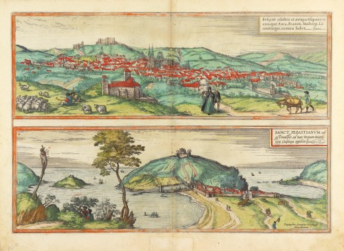 Burgos celebris et antiqua Hispaniae civitas, quae Auca, Brauum, Masburgi, Liconitiurgis, nomina habet. [on sheet with] Sanct. Sebastianum vulgo Donosien ad Occanum insigne regni Guipuzcoa oppidum.