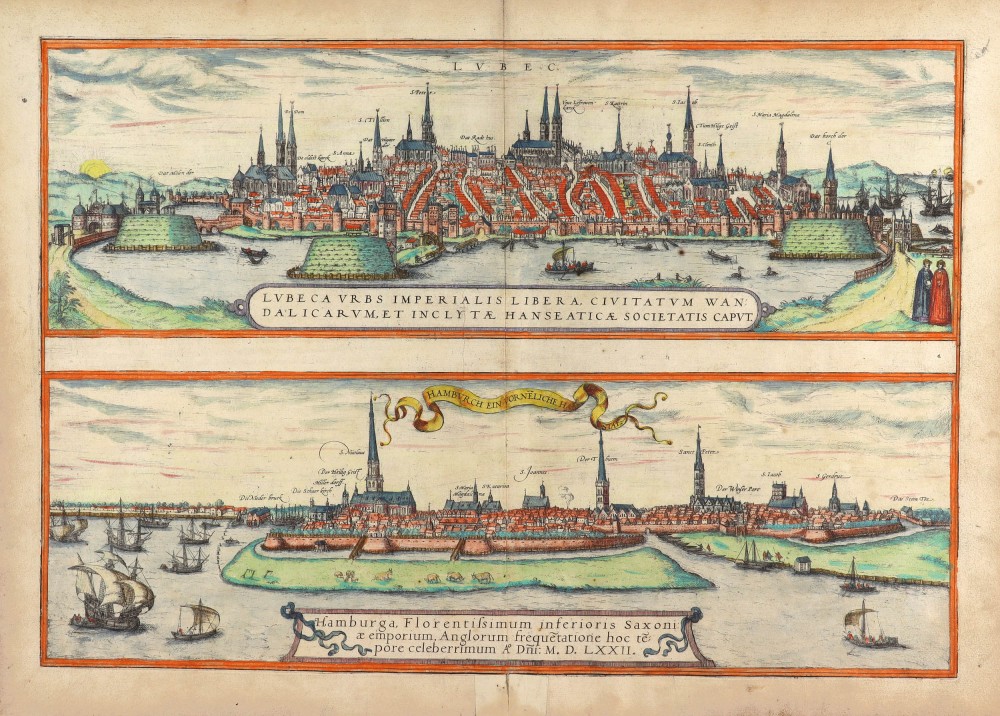 Lubeca Urbs Imperialis ... Inclytae Hanseaticae Societatis Caput. [on sheet with] Hamburga, Florentissimum Inferioris Saxoniae Emporium, Anglorum frequetatione hoc tepore celeberrimum A° Dni: M.D.LXXII.