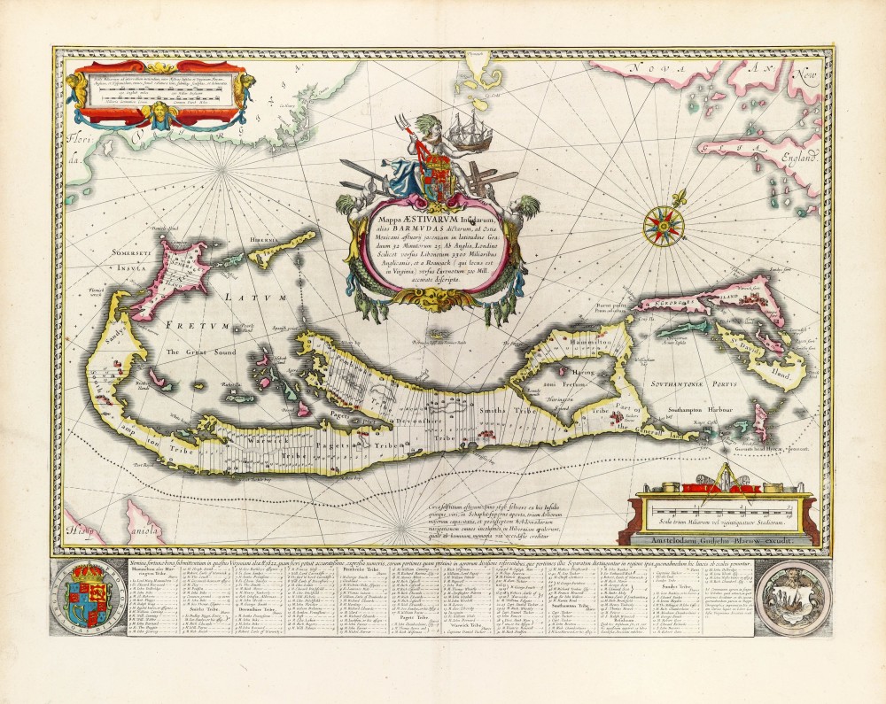 Mappa Aestivarum Insularum alias Barmudas dictarum, ad  Ostia Mexicani aestuarij jacentium in Latitudine Graduum 32 Minutorum 25. ... accurate descripta.