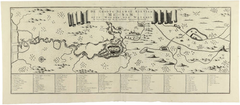 De Groote Siamse Rievier Me-Nam ofte Moeder der Wateren In haren loop met de in vallende Spruyten Verbeeld.