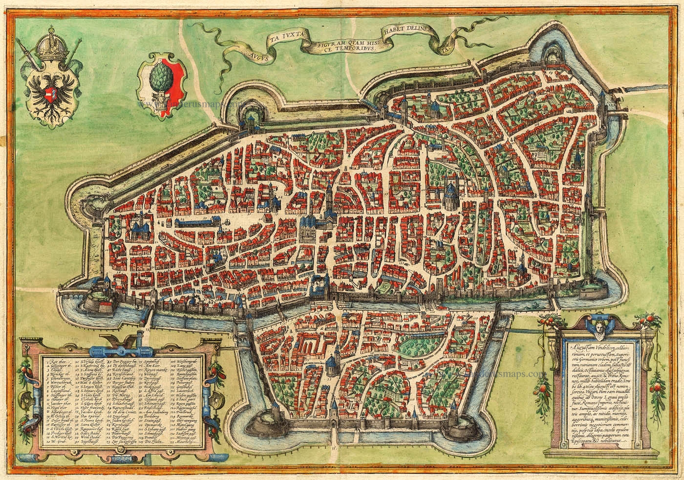 Old, antique map - bird's-eye view plan of Augsburg by Braun