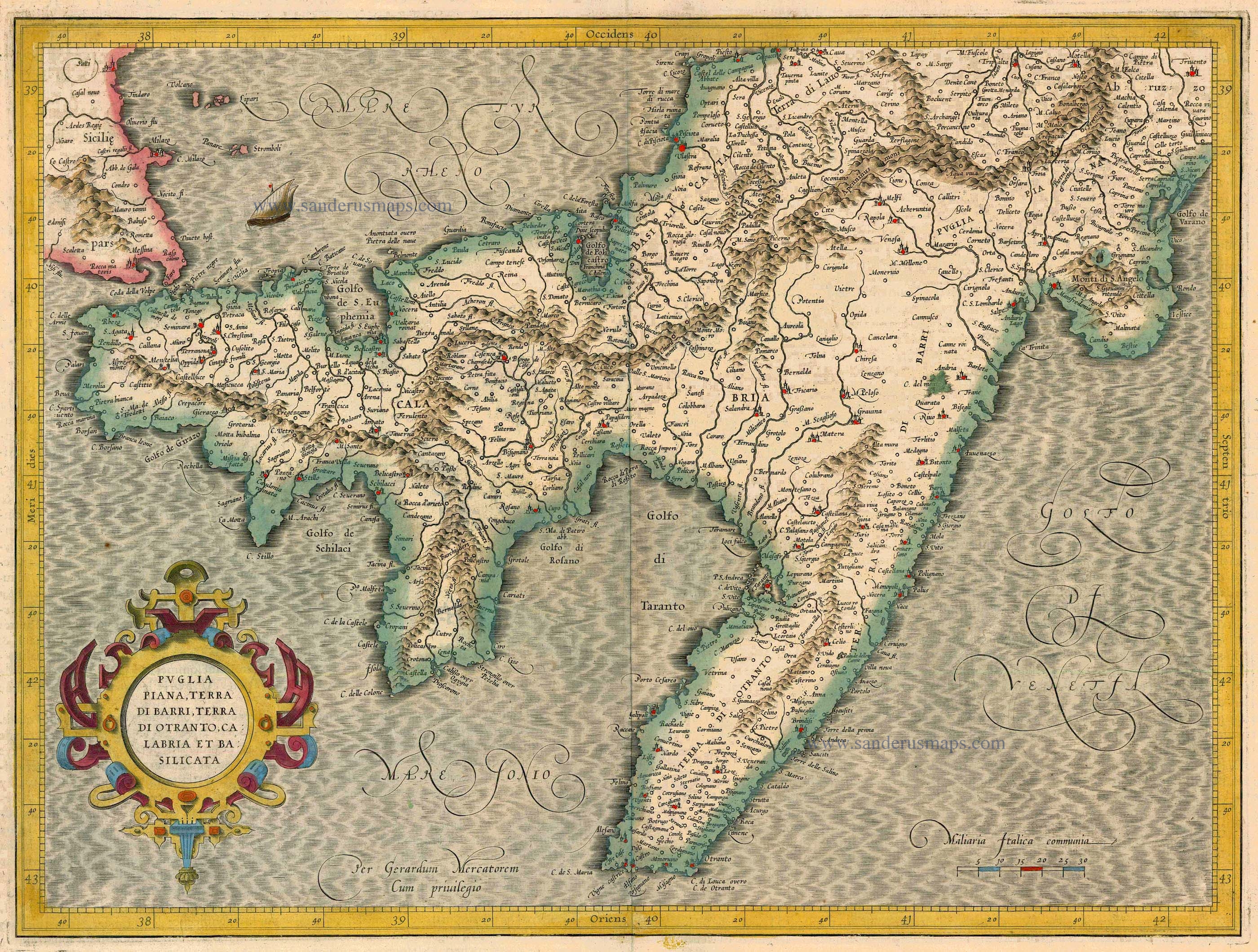 Antique map of Southern Italy by G. Mercator