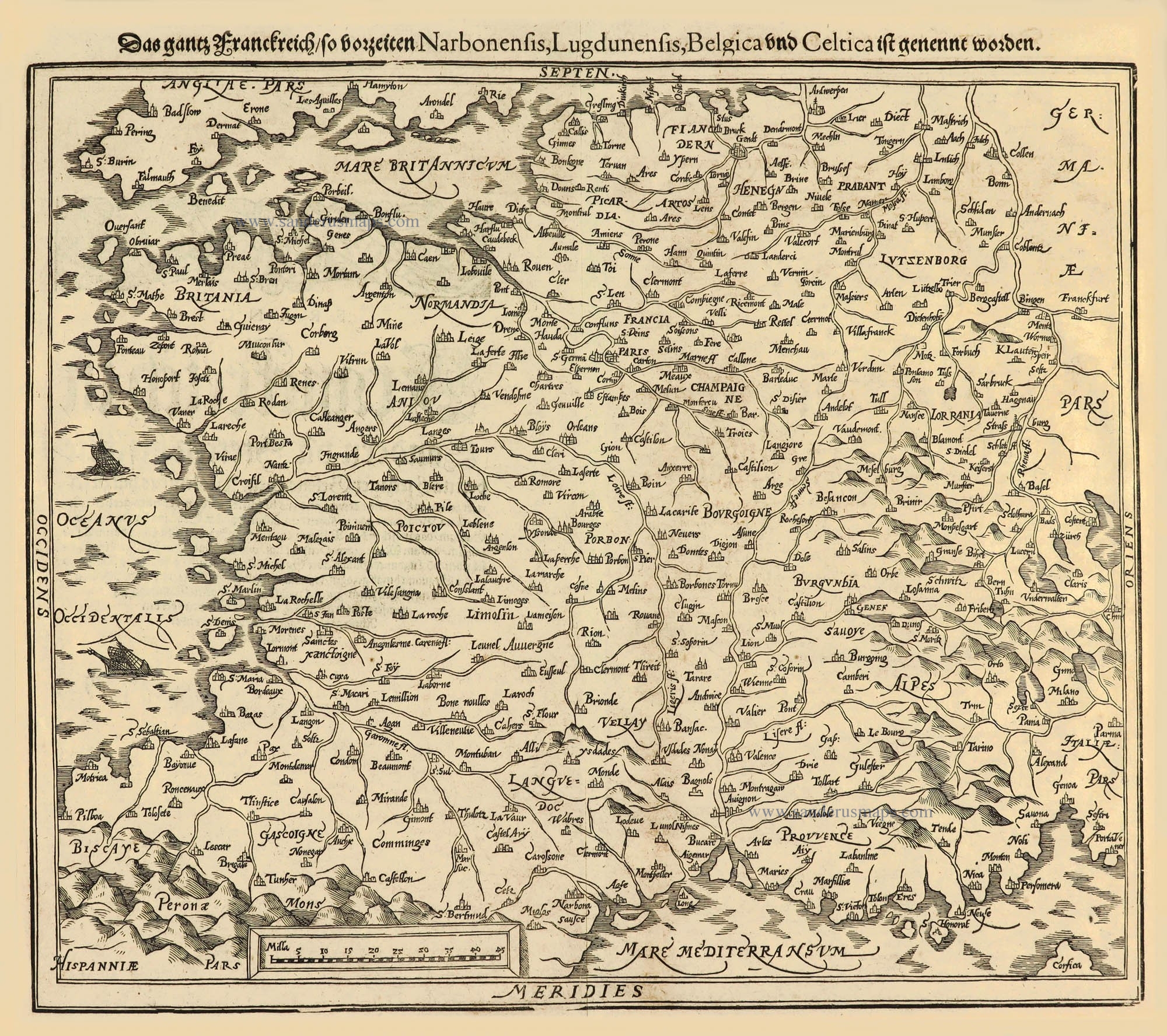 Paris France, antique woodcut map by Sebastian Münster 1561