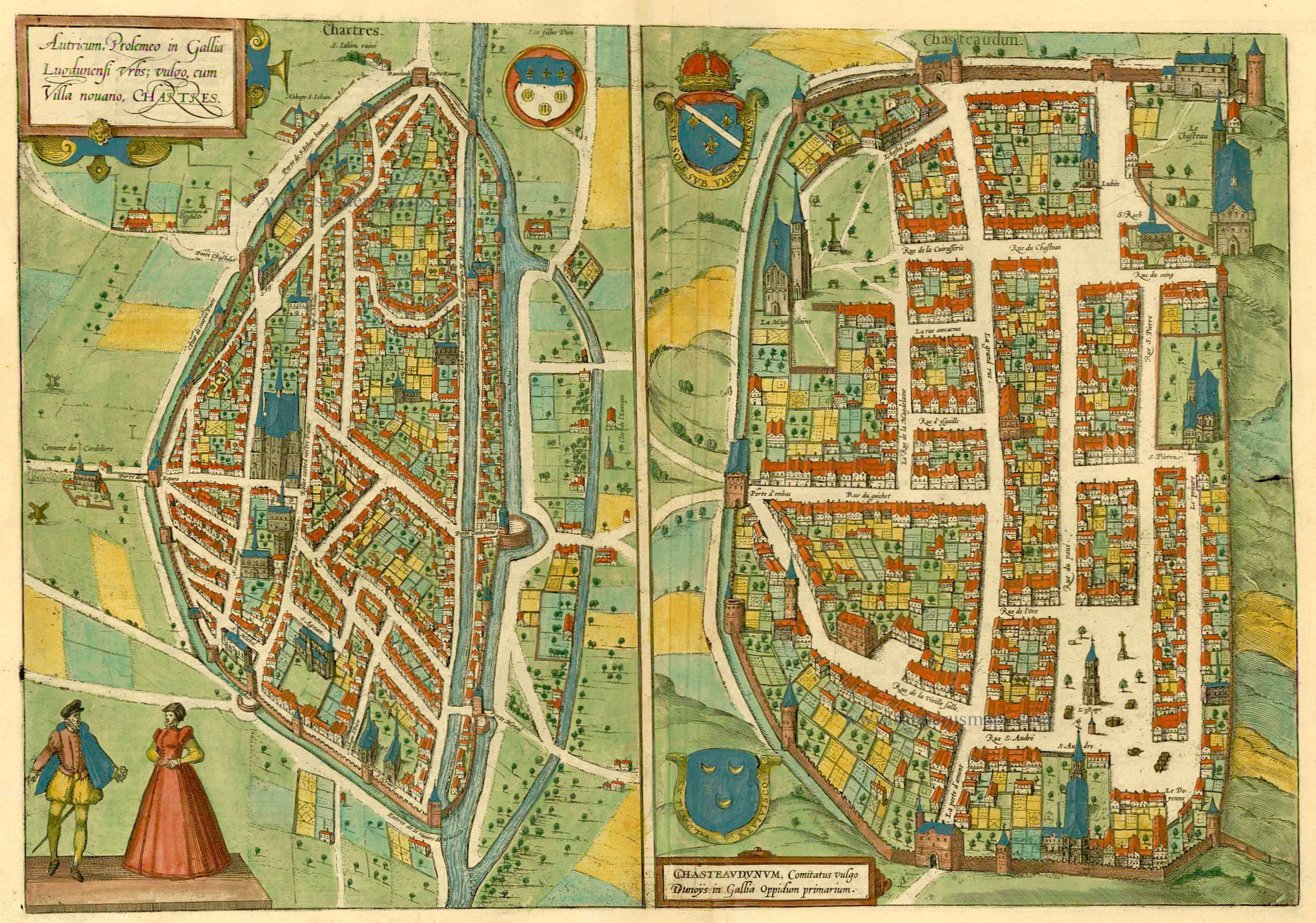 Old, antique map of Chartres & Châteaudun by Braun & Hogenberg