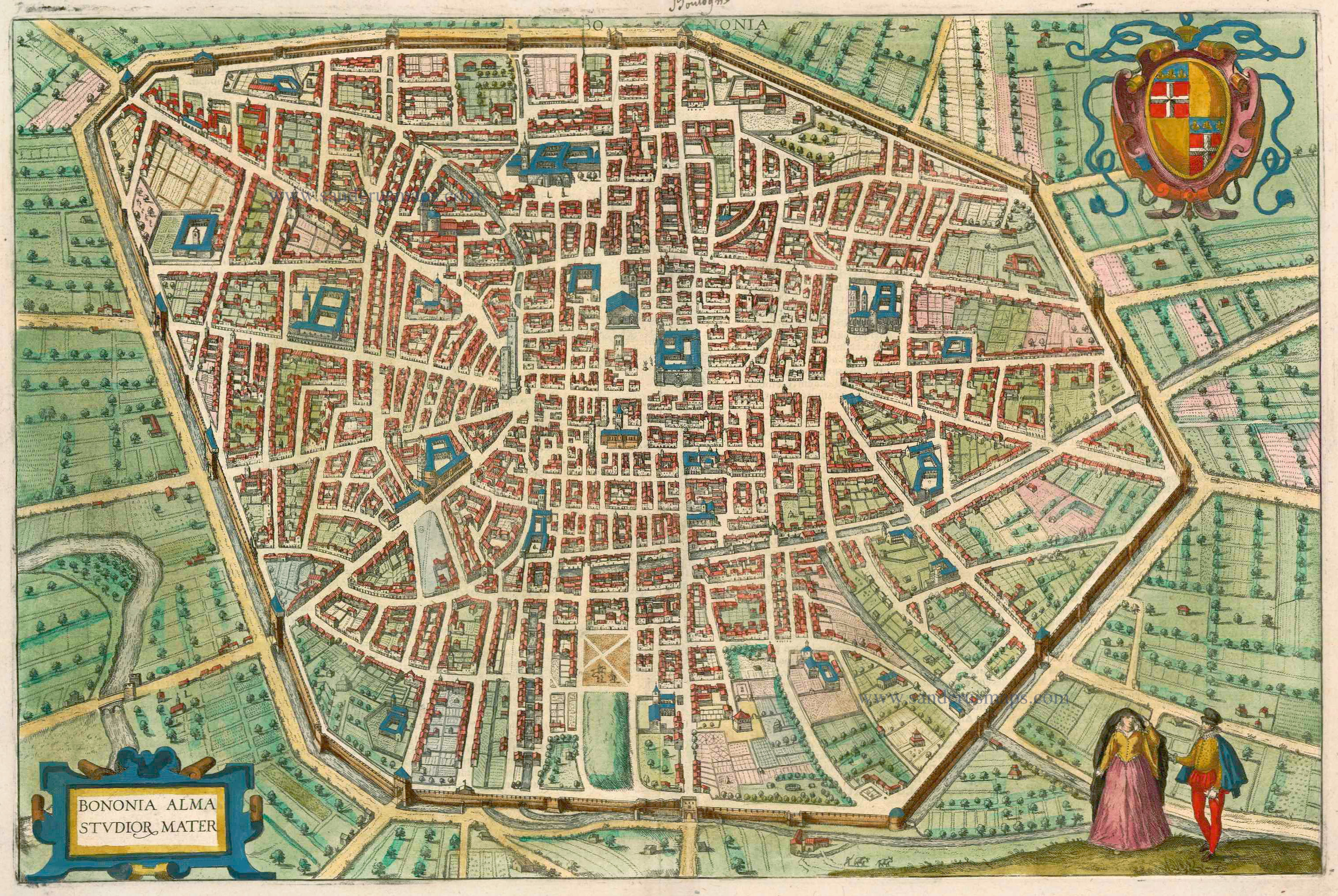 Antique map - bird's-eye view plan of Bologna by Braun and 