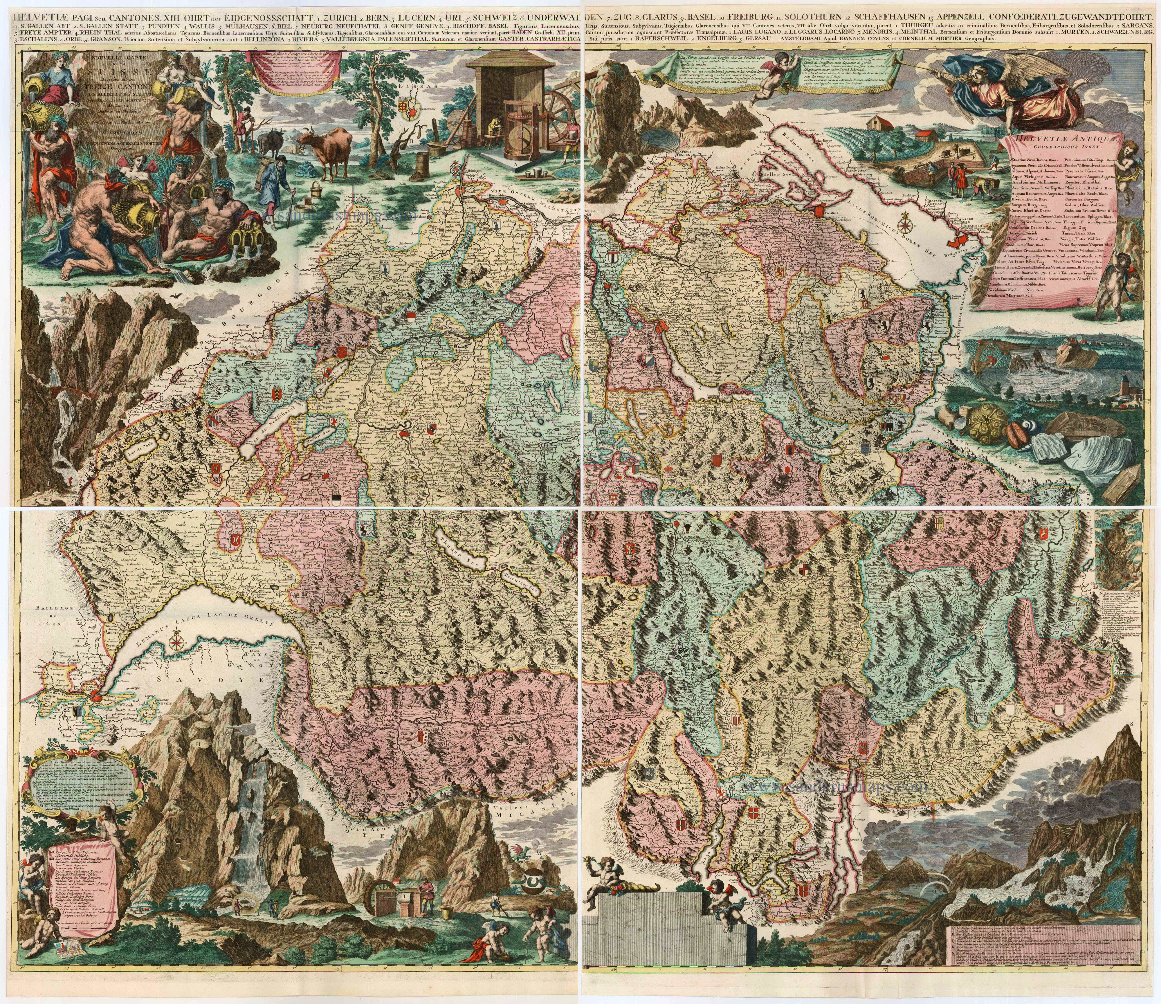 Old, antique wall map of Switzerland by J. J. Scheuchzer 