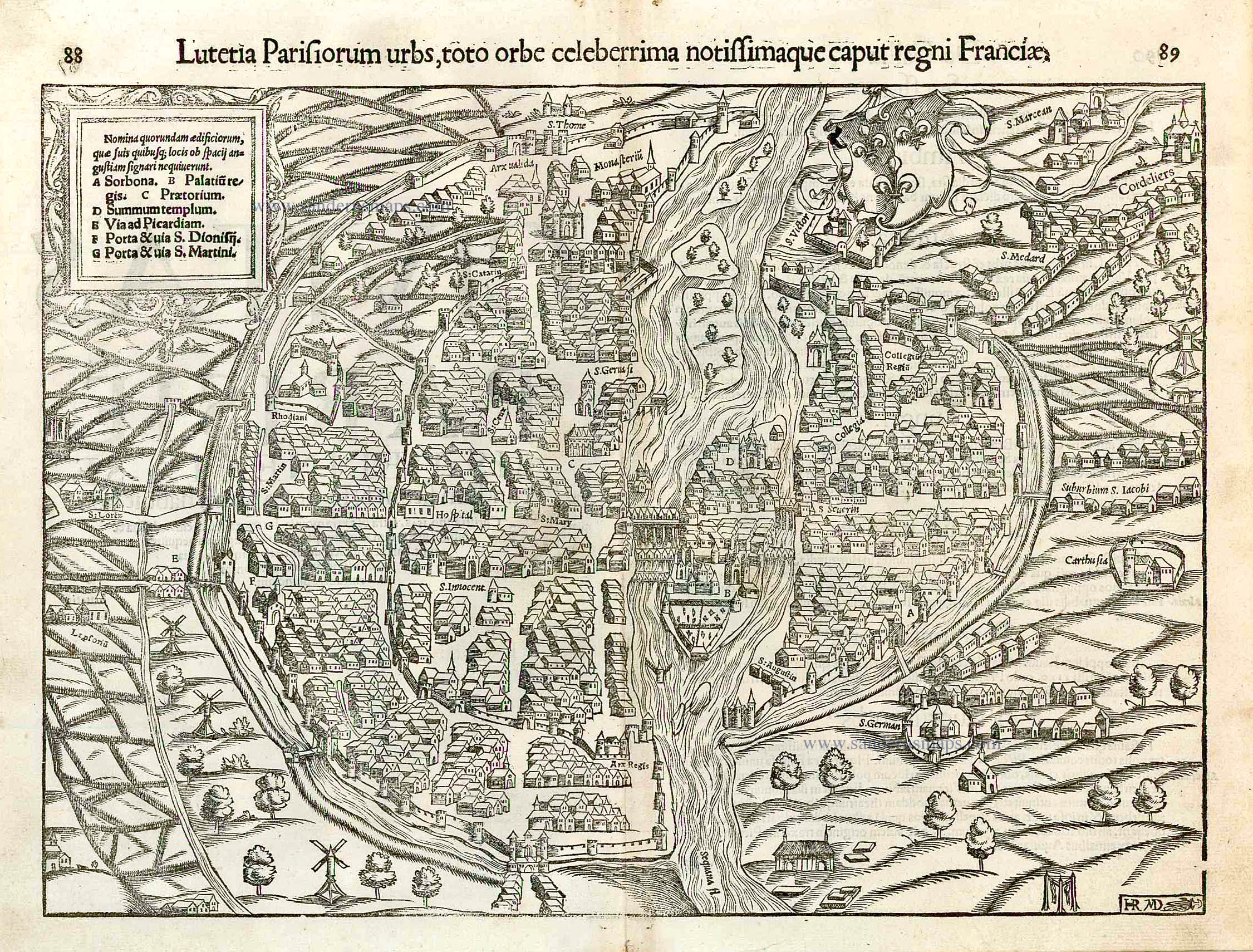 Paris France, antique woodcut map by Sebastian Münster 1561