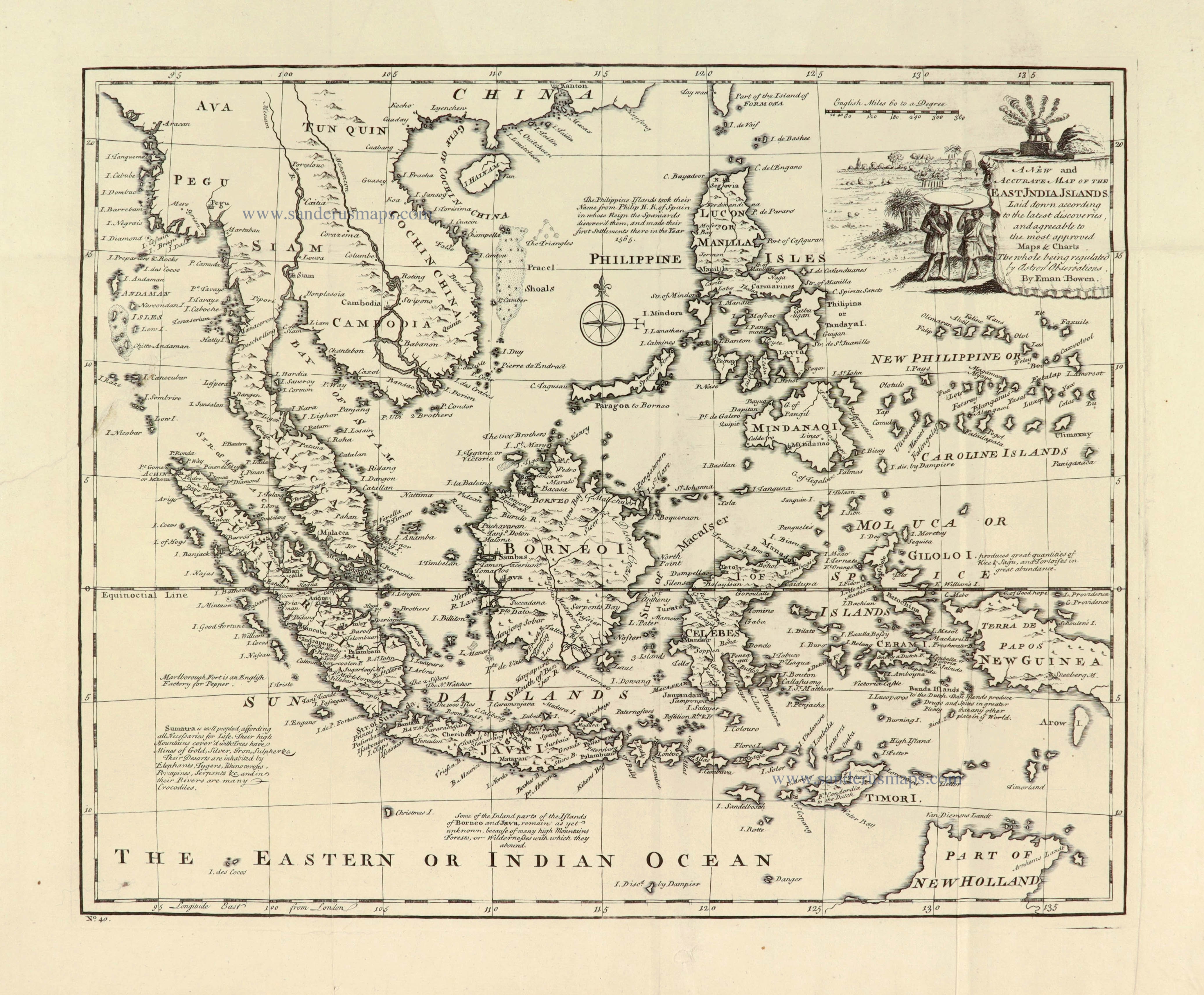 Emanuel Bowen - Map of the East Indies: An Original 18th Century  Hand-colored Map by E. Bowen For Sale at 1stDibs