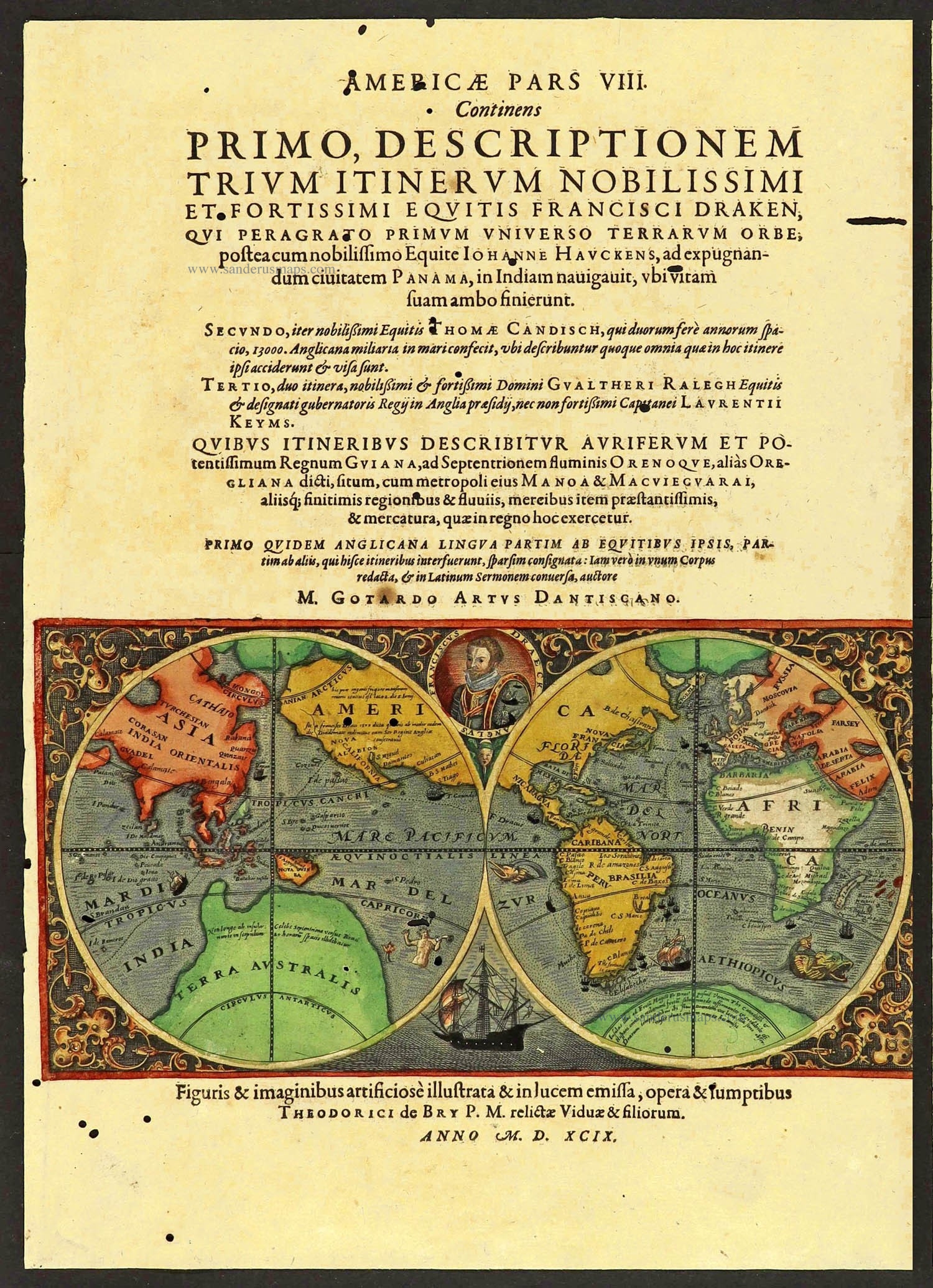 The 'Drake' world map and seven others by Theodore de Bry