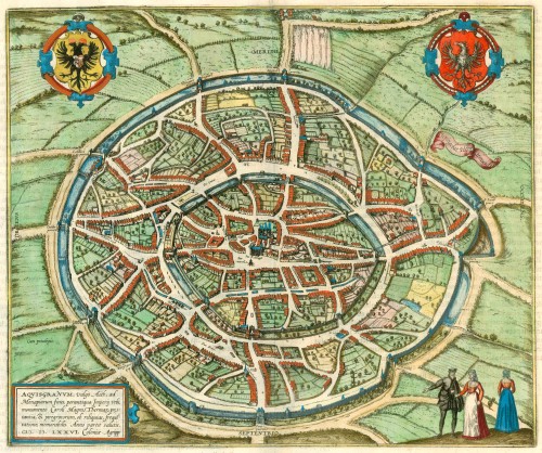 Old, antique map of Aachen by Braun and Hogenberg  Sanderus Antique 