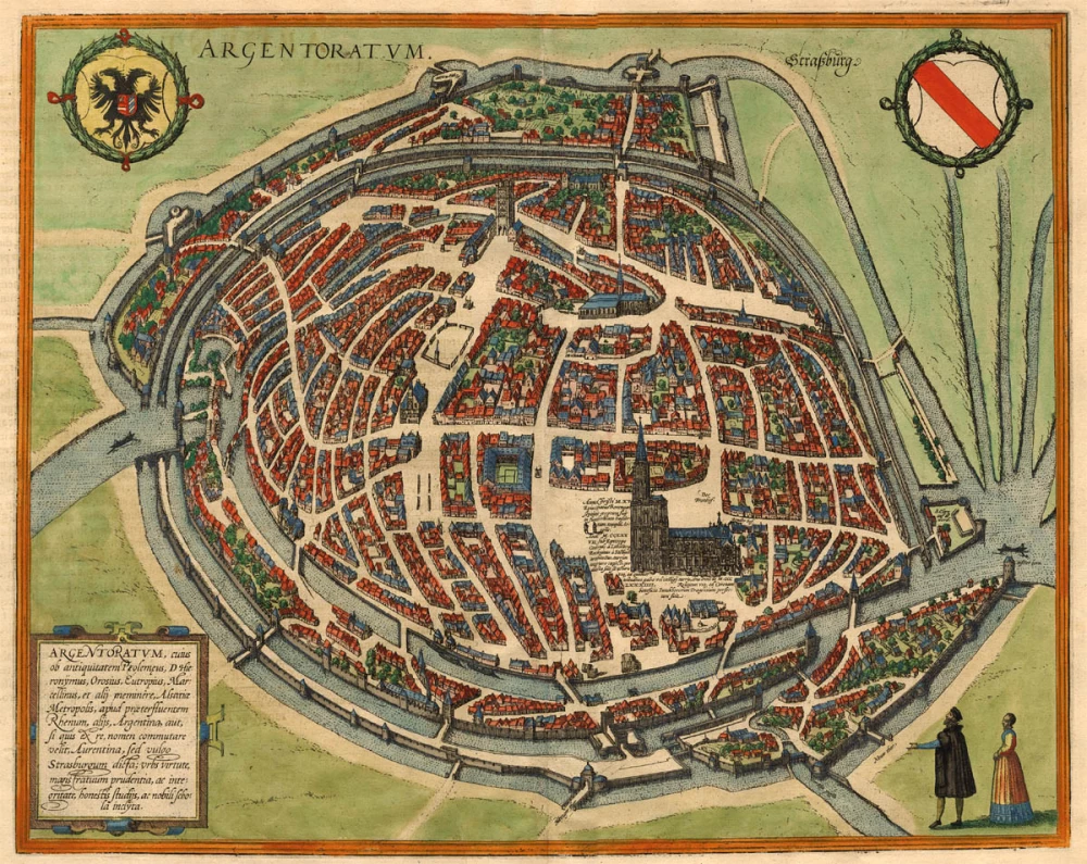 Antique map - bird's-eye plan of Strasbourg by Braun and Hogenberg ...