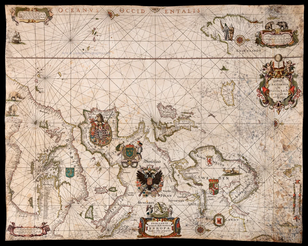 Old, antique map - Sea chart of Europe by P. Goos and W. Blaeu ...