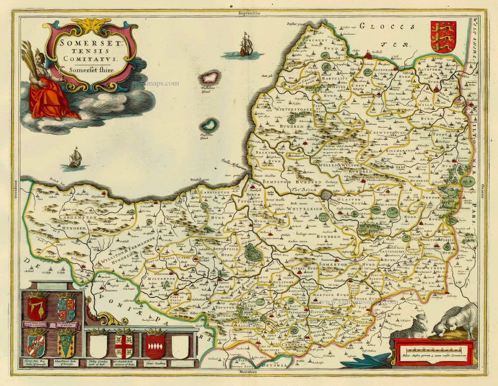 Antique map of Somerset by J. Blaeu | Sanderus Antique Maps - Antique ...