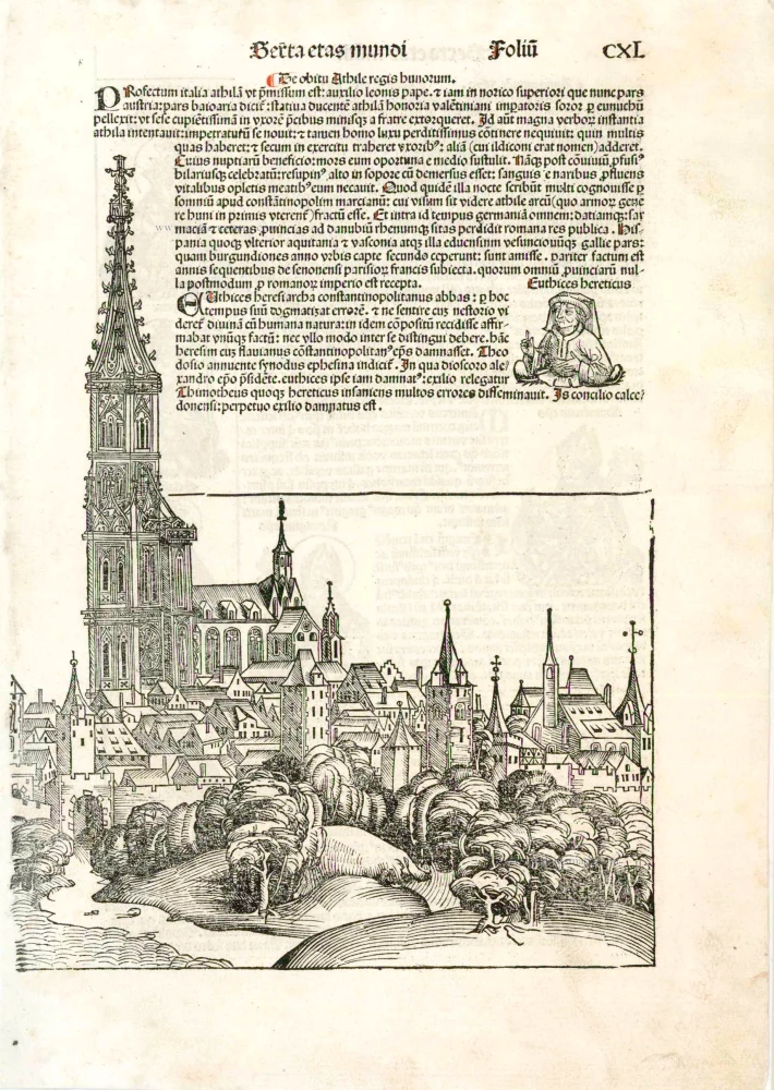 Old antique view of Budapest + Strasbourg by H. Schedel 1493