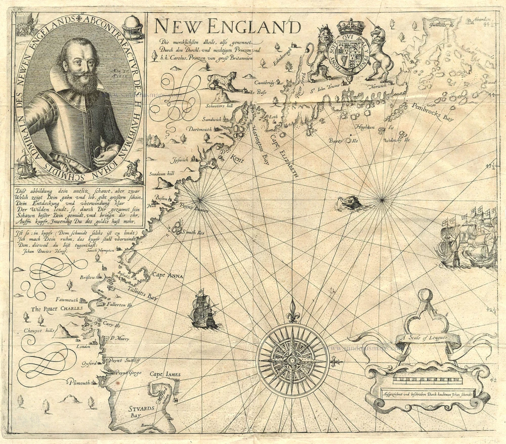 Antique map of New England by Smith J. - Hulsius L. | Sanderus Antique ...