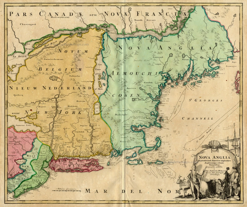 Antique Map Of New England By Homann J.B. | Sanderus Antique Maps ...