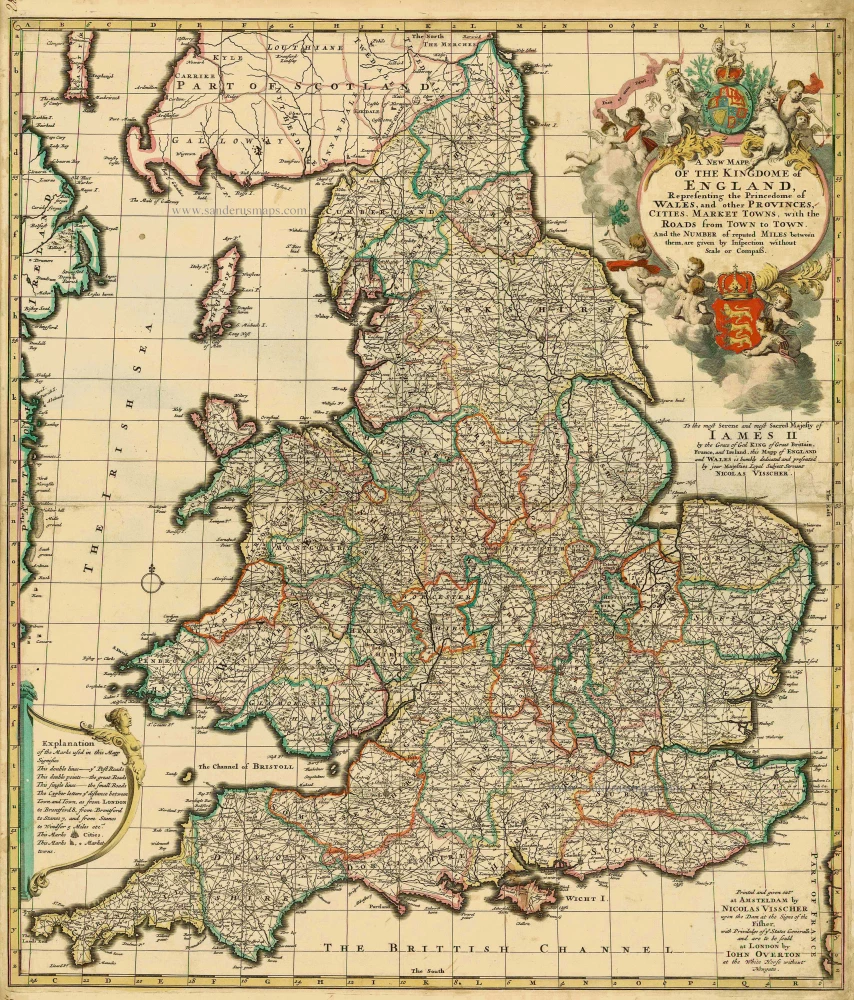 Antique map of England - Wales by Visscher N. - Overton J. | Sanderus ...