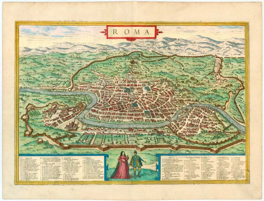 Antique map - bird's-eye view of Rome (Roma) by Braun & Hogenberg