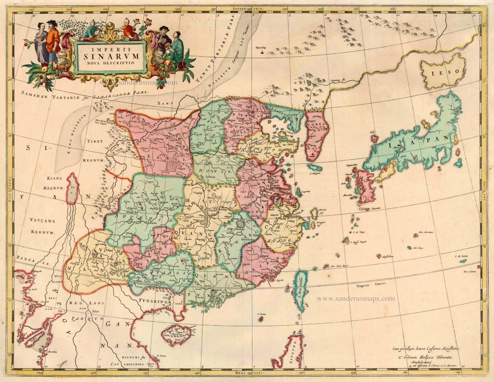 Old, antique map of China with Japan, Korea and Taiwan, by Blaeu 