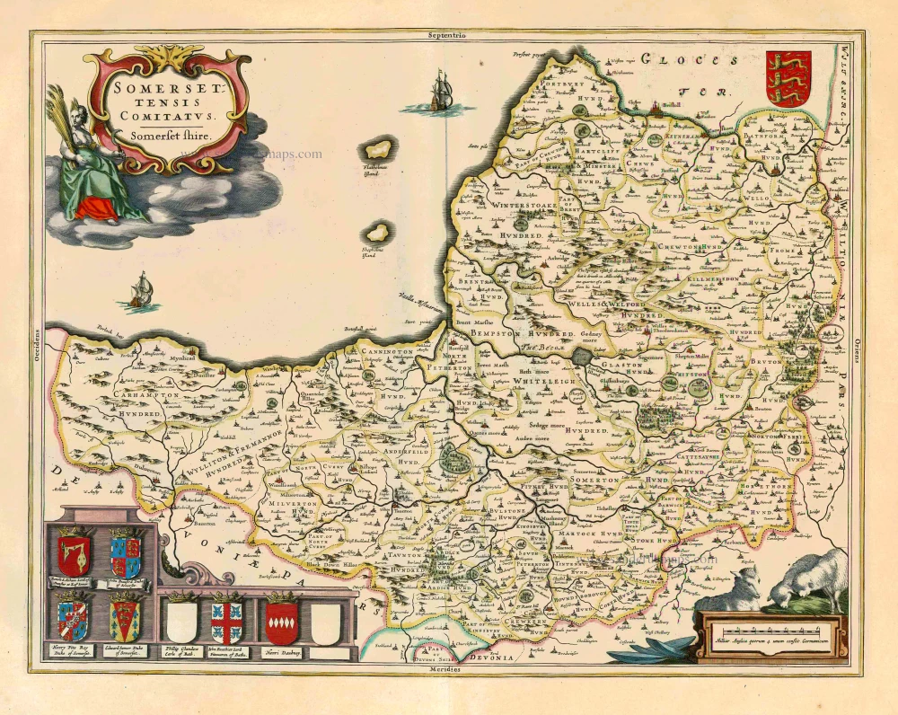 Old antique map of Somerset by J. Blaeu. | Sanderus Antique Maps ...