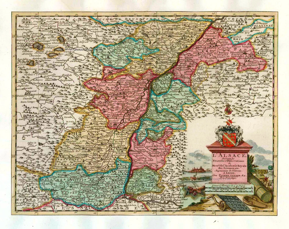 Old, antique map of Alsace, by Pieter van der Aa. | Sanderus Antique ...