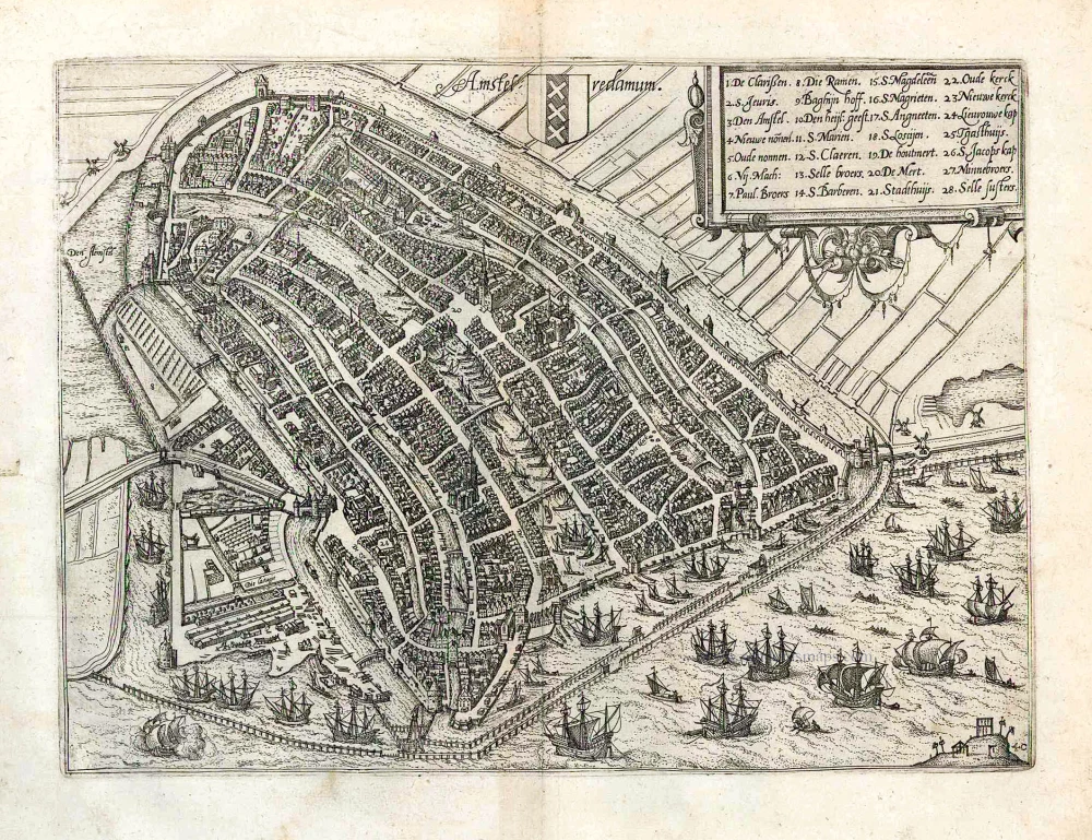 Old antique bird'eye view plan of Amsterdam, by Ludovico Guicciardini ...