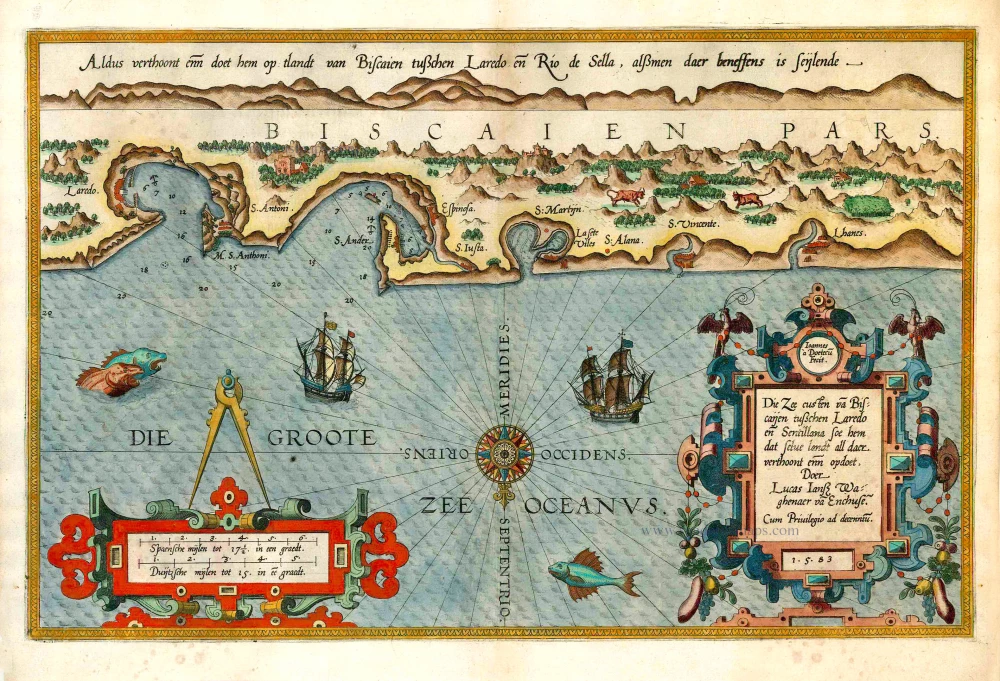 Sea chart of Biscay, by Lucas Janszoon Waghenaer. | Sanderus Antique ...